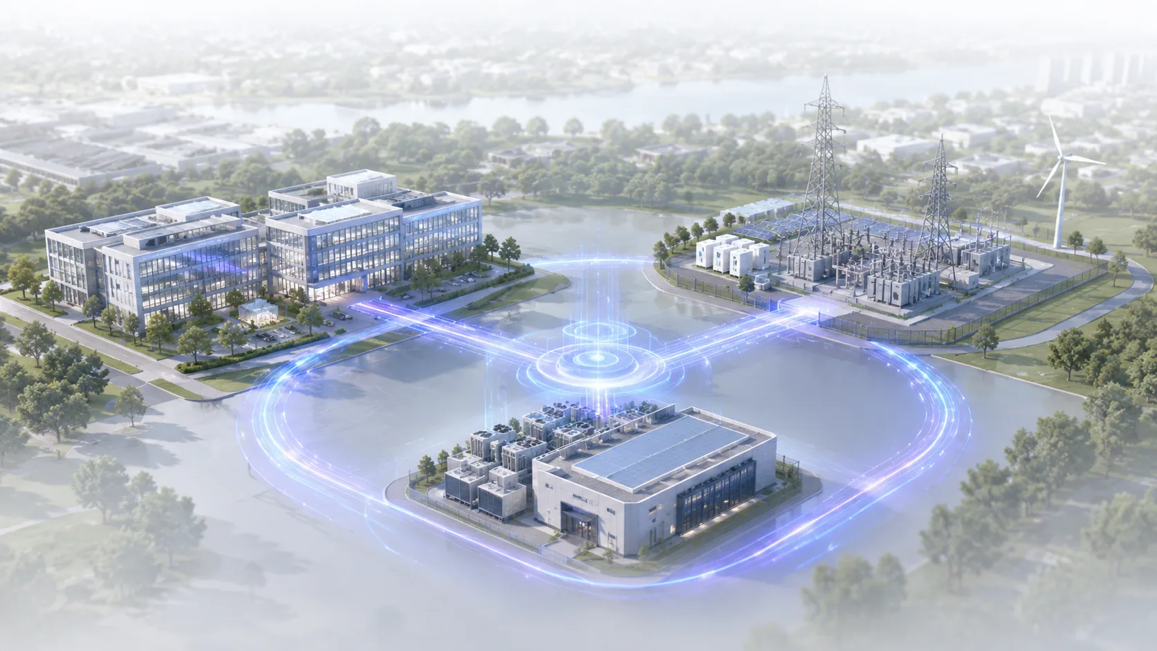 Buildings, an electrical grid and a data centre connected through one intelligent energy network